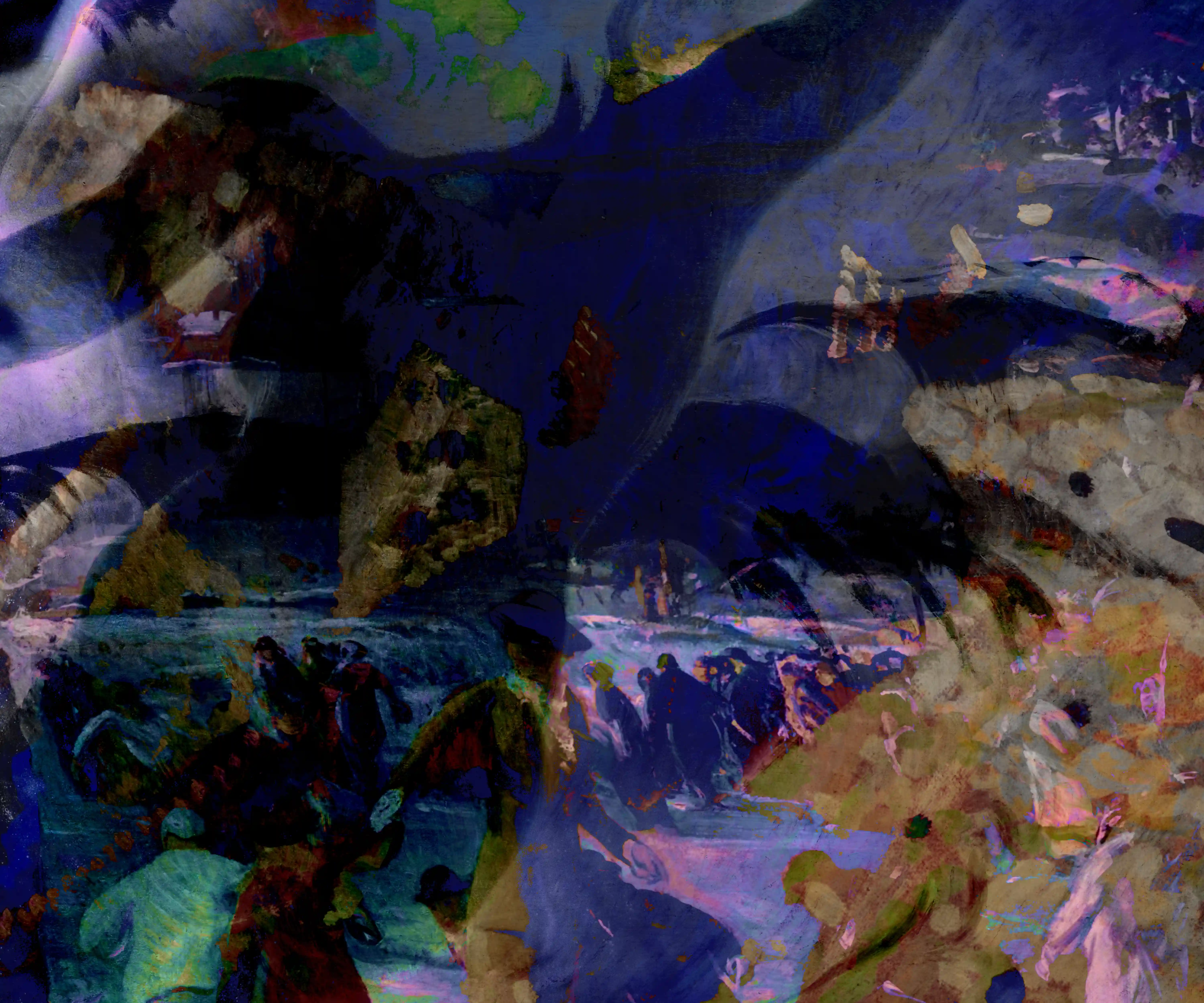 Dark blue digital collage with marching human figures moving through the composition alongside a large dark blue monster-like figure.